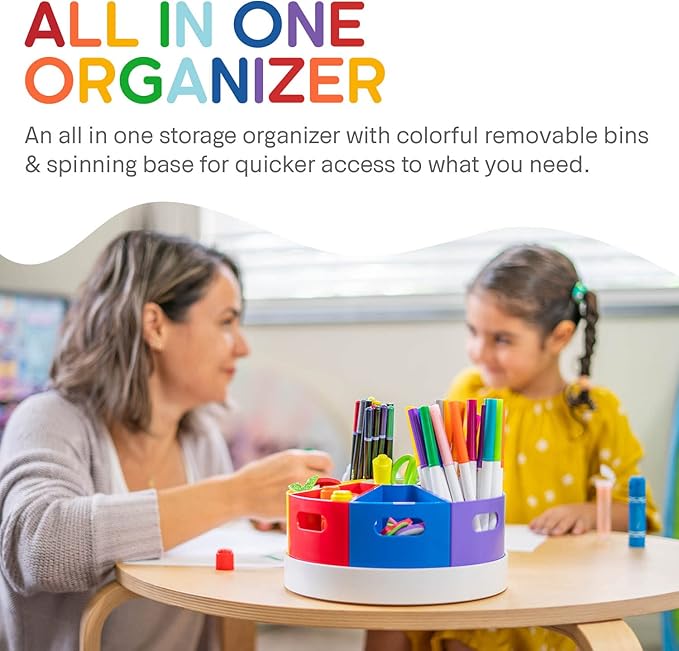 PUZZLE EZ Art Organizer for Kids Crayons Organizing and Storage - Lazy Susan School Art Supplies Caddy for Classroom | Rotating Kids Desk Organizer | Stationary Holder for Teachers & Students