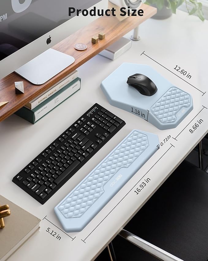 Ergonomic Mouse Pad and Keyboard Wrist Rest Support Set, Massage Design Mousepad for Carpal Tunnel Pain Relief, Memory Foam, Non-Slip PU Base for Computer Desk, Baby Blue