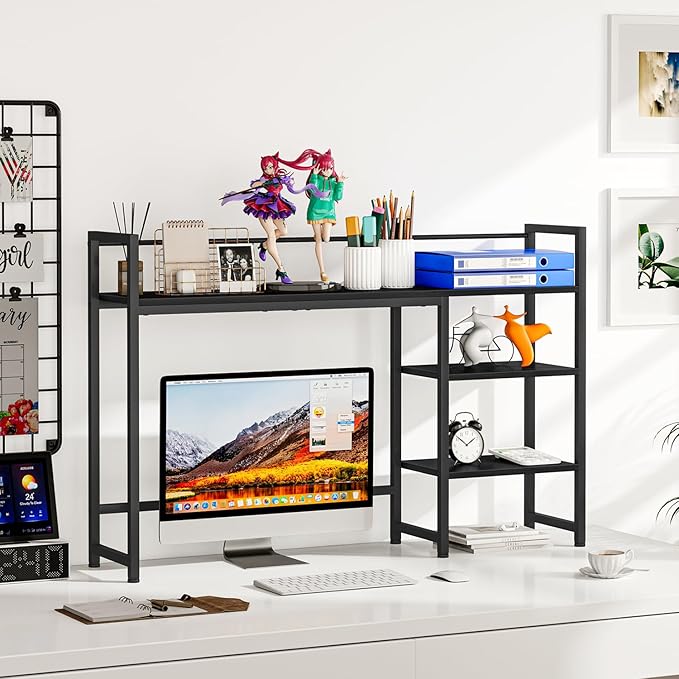 Snughome Desk Shelf, 44.9" Large Desktop Organizer Shelf, Desk Hutch for Monitor, 4 Tier Display Rack, Wooden Desktop Bookshelf Storage Rack for Home Office Dorm