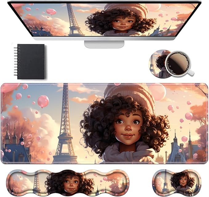Ergonomic Keyboard Wrist Rest & Mouse Pad Wrist Rest Set, Large XXL Gaming Desk Mat 31.5"x 11.8" with Memory Foam, Easy Typing Pain Relief for Office & Home, Cute African American Girl