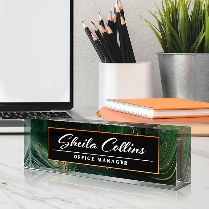 Custom Acrylic Name Plate for Desk, Employee Appreciation Gifts, Office Decor, Personalized, Funny Office Gifts for Coworkers Boss Teacher (Green/Gold)