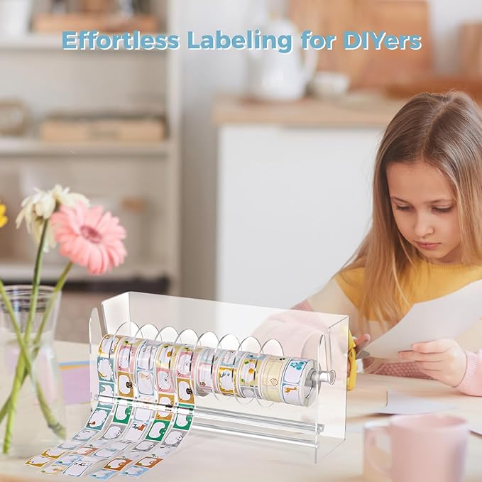 2 Pcs Label Roll Holders, Transparent Acrylic Tape Dispensers, Adjustable Desktop Sticker Roll Holders for Office and Home, Clear Sticker Roll Holders with Removable Divider Disks