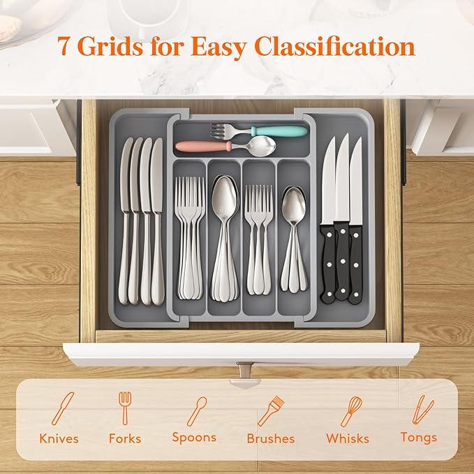 Lifewit Silverware Drawer Organizer, Expandable BPA Free Utensil Tray for Kitchen, Adjustable Flatware and Cutlery Holder for Spoons Forks Knives, Plastic Kitchen Organizers and Storage, Gray