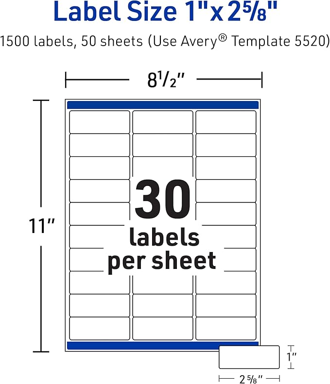 Avery Waterproof Sticker Labels for Printer - 1"x2-5/8" Mailing Labels, Ultrahold Permanent Adhesive, Laser Printers, 7,500 Printable Avery Address Label Sheets (5520)