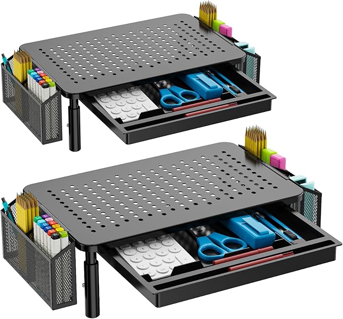 WALI Dual Monitor Stand with Storage, Desk Organizer with Drawer and Pen Holder, Desk Monitor Riser 3 Height Adjustable, Laptop Riser for Computer, Laptop, Printer (STT003DH-2B), 2 Pack, Black