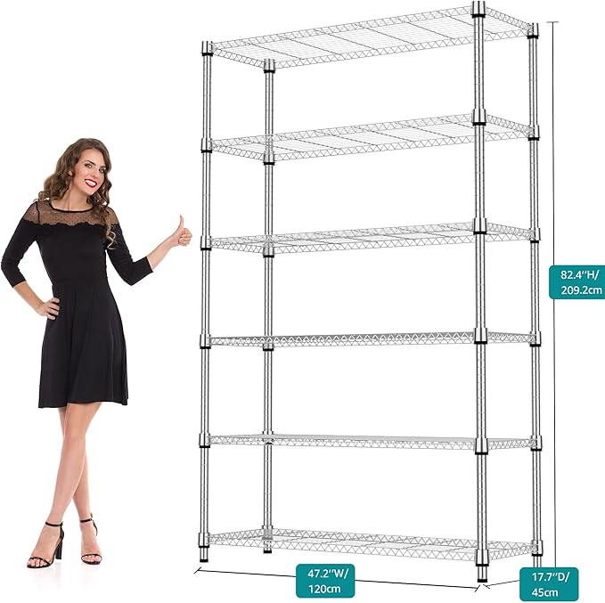 6 Tiers Shelf 2100 lbs Steel Storage Shelving Utility Shelving Unit Steel Organizer Wire Rack for Home,Kitchen,Office,Garage Chrome 17.7" D x 47.2" W x 82.4" H