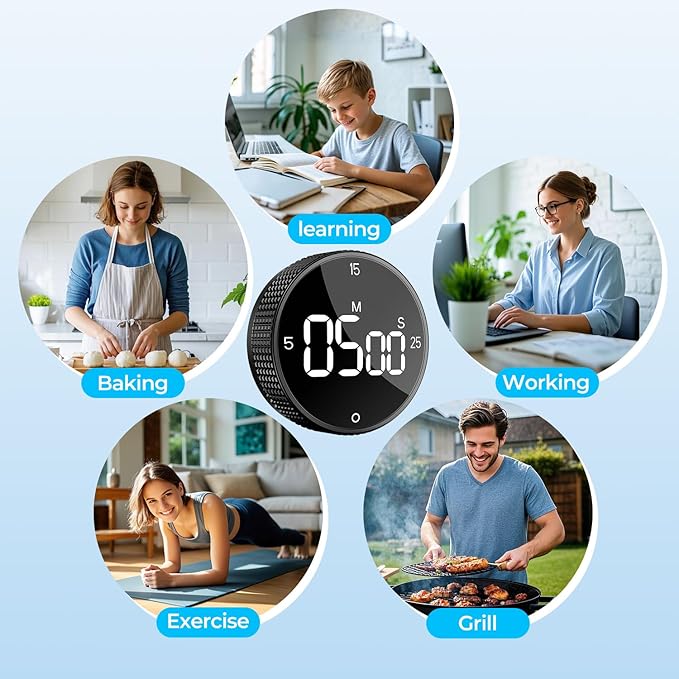 USB Rechargeable Magnetic Kitchen Timer for Cooking, Building 800mAh Battery Large Display Digital Countdown Countup Timer, 3 Preset 5/15/25 Mins Loud Alarm for Baking Grilling Studying