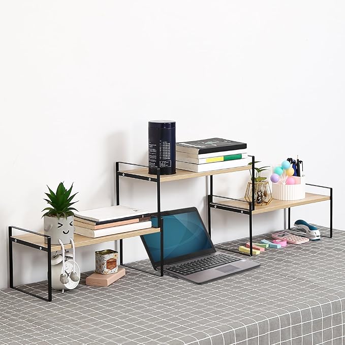 YGYQZ Wood Office Desk Shelf Organizer - Desktop Supplies Cute Dresser Top Organization Storage Rack and Cubicle Decor Aesthetic Bookshelf for Women Man and Kids (Black Wood-Three Tier)