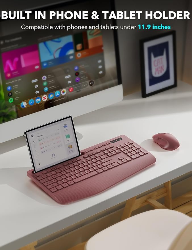 Wireless Keyboard and Mouse Combo - Full-Sized Ergonomic Keyboard with Wrist Rest, Phone Holder, Sleep Mode, Silent 2.4GHz Cordless Keyboard Mouse Combo for Computer, Laptop, PC, Mac, Windows -Trueque