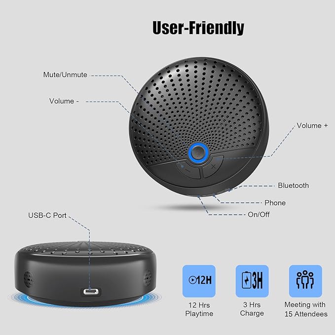 BALILA CM900 Conference Speaker and Microphone, 4 AI Mics 360° 20ft (7m) Voice Pickup, Noise Reduction, USB C & Bluetooth 5.3 (20m & 66ft) Speakerphone for 16 People, Compatible with Leading Platforms