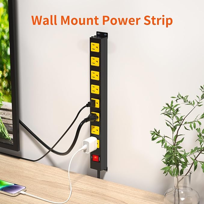 8 Outlet Metal Heavy Duty Long Power Strip, 2100J Surge Protector with 10 FT Extension Cord, Wide Spaced and Wall Mount Powerstrip for Home, Industrial, Workshop & Garage (10FT)