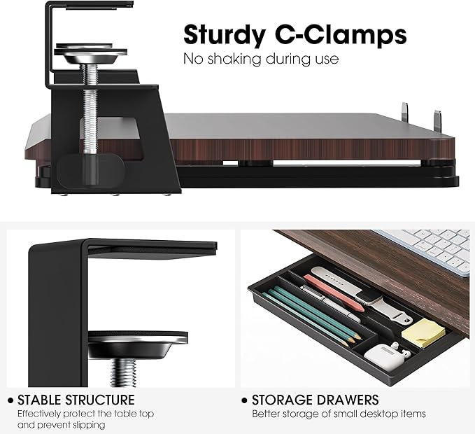 Fenge Keyboard Tray Under Desk, Pull Out Keyboard & Mouse Tray with C Clamp Mount, Sliding Keyboard Holder for Desk, 25.6 x 11.8 inch Large Slide-Out Platform Computer Drawer for Typing, Brown