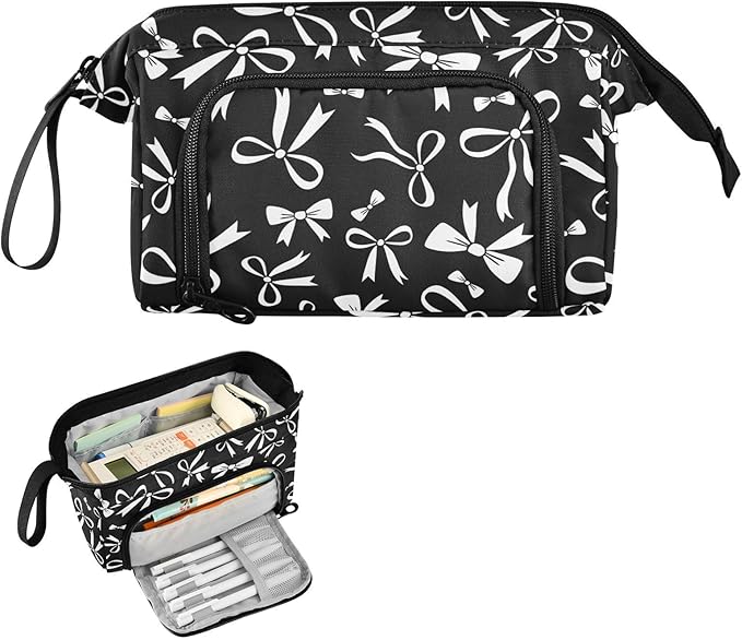 Bow Black Pencil Case Pouch Big Capacity Pencil Bag Box Organizer Pen Case with Compartmens Stationery Organizer for Girls Boys Women School College Office