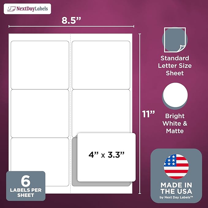 NextDayLabels 4x3.33 Inch Rectangle Stickers White Blank Labels for Laser Inkjet Printer - 6 Per Sheet Self-Adhesive Shipping Address Mailing Made in USA - 3000 Labels