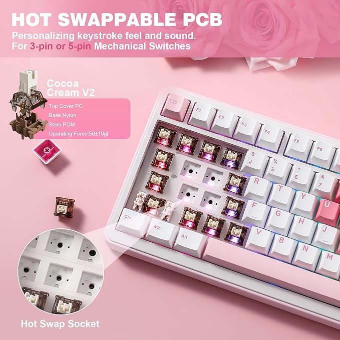YUNZII B75 PRO Wireless Mechanical Keyboard,75% Layout with Knob,Hot Swap Gasket Structure,Creamy Pre-lubed Switches,RGB Backlit,Bluetooth/Type-C/2.4G for Win/Mac (White, Cocoa Cream V2 Switch)