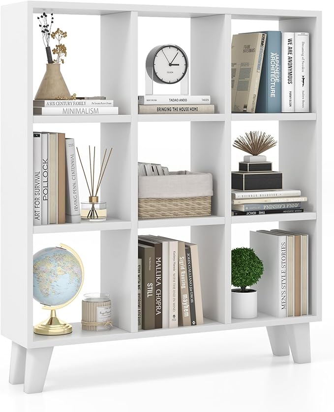 Giantex 9-Cube Open Bookcase, 3-Tier Freestanding Bookshelf with 4 Slanted Legs & 6 Removable Shelves, Modern Cubby Storage Organizer, Wood Display Book Shelf for Living Room Bedroom Study, White