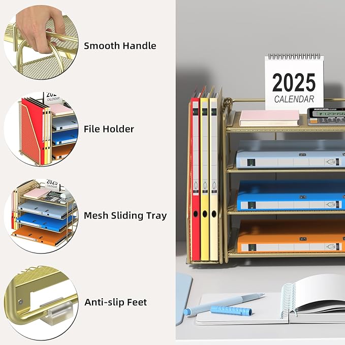 Spacrea Desk Organizers and Accessories, Paper Organizer for Desk with File organizer, Desk Accessories & Workspace Organizers for Office Supplies (Gold)