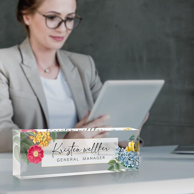 Desk Name Plate Personalized, Premium Clear Acrylic Desk Name Plate, Personalized Name Plate for Desk, Office Decor for Women or Men Coworkers, Boss, Employee, Teacher, Social Worker (Style-Red)