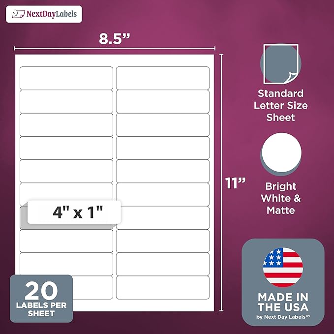 NextDayLabels 4x1 Inch Rectangle Stickers White Blank Labels for Laser Inkjet Printer - 20 Per Sheet Self-Adhesive Return Address Shipping Made in USA - 10,000 Labels