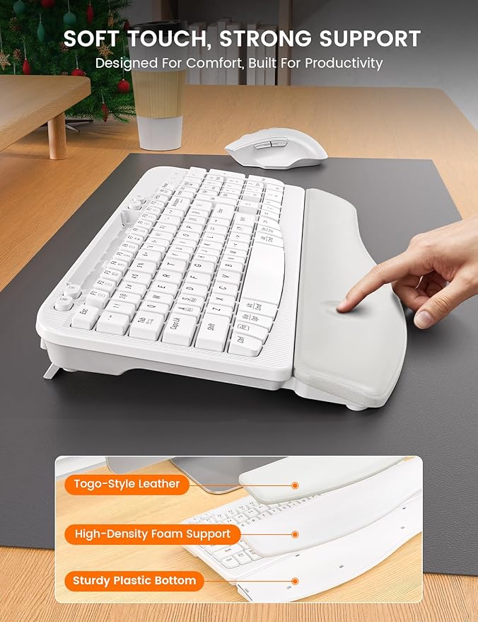 SABLUTE Wireless Keyboard and Mouse Combo, Ergonomic Wave Keys, Cushioned Palm Rest, Rechargeable, Phone Holder, Natural Typing, 2.4G Lag-Free, Full Size Keyboards Cordless Set for Windows/Mac, White