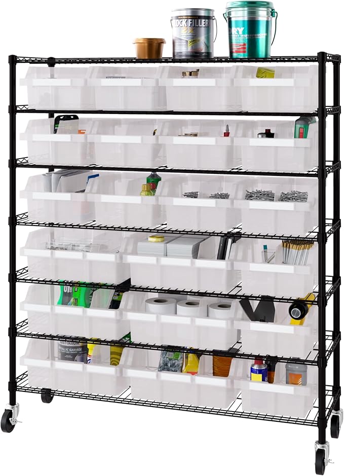 Seville Classics Heavy Duty NSF Bin Rack Solid Steel Wire Shelving Storage Unit, Patented Organizer for Garage, Warehouse, Office, Restaurant, Classroom, Kitchen, Translucent, Includes 21 Bins