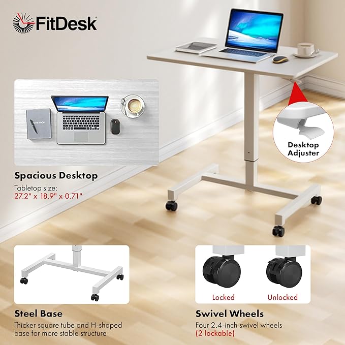 FitDesk Portable Laptop Desk, Rolling Standing Workstation Adjustable Height, Compact Standing Table with Large Surface, Small Stand Desk for Home Office, 30 lb Weight Limit – White, 27" Tabletop