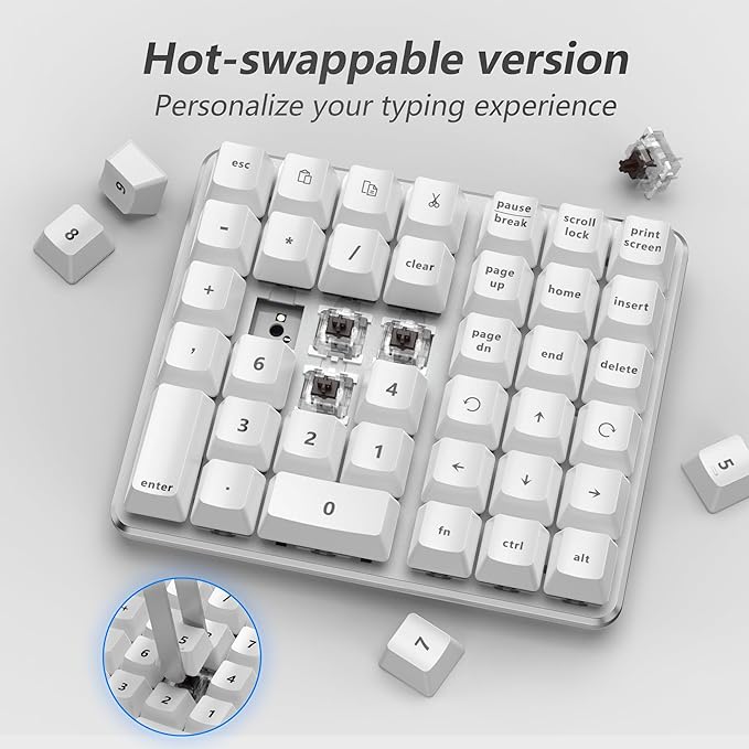 SurnQiee Left-Handed Mechanical Numeric Keypad, Hot-Swap LED Backlit Number Pad, Dual Mode USB C Keyboard, Expanded into a Left-Handed Keyboard (White)