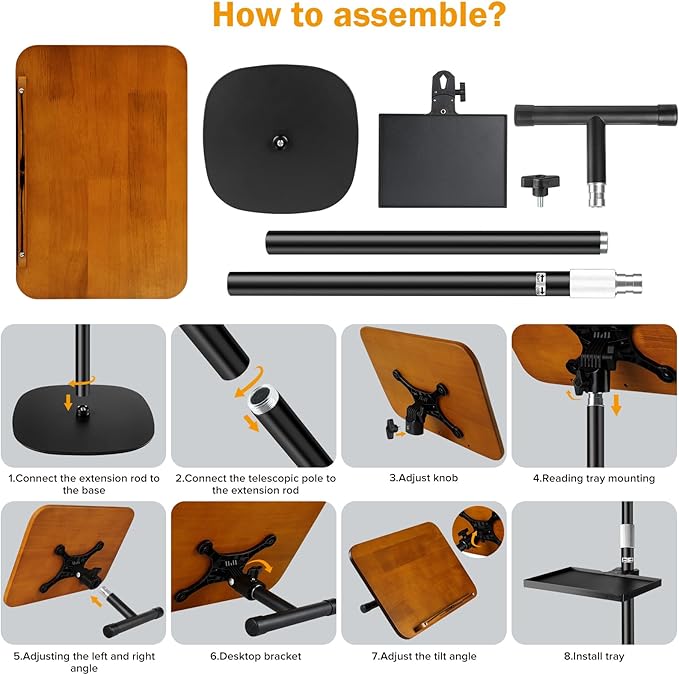 2-in-1 Adjustable Book Stand & Music Stand, 22-51in Dual-Use Floor and Desktop Book Holder Stand, Heavy Duty Solid Wood, with Elastic Page Clip for Cookbooks, Sheet Music, Tablet, Laptop, Projector