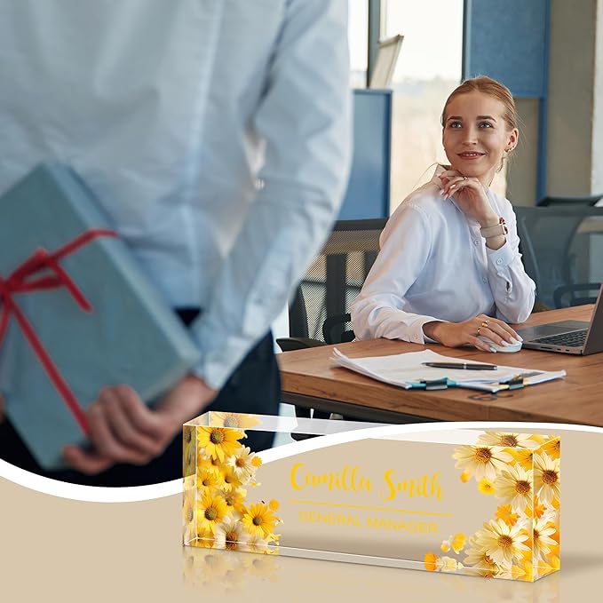 Personalized Name Plate for Desk, Custom Acrylic Desk Name Sign, Office Appreciation Gifts for Women Men Coworkers Boss Teacher Employee (Flower-Sunflower)