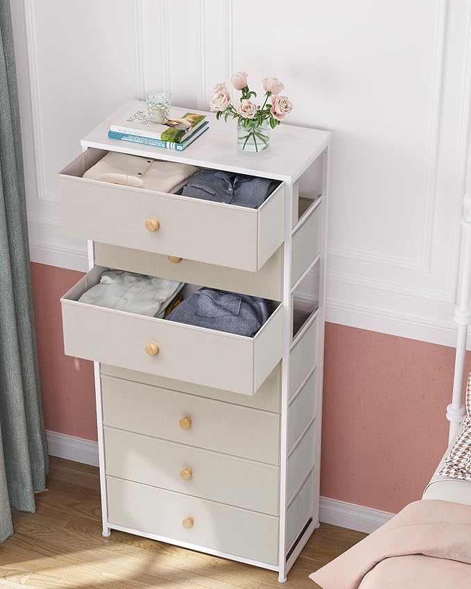 Crestlive Products Tall Dresser, 7-Drawer Wide Fabirc Storage Tower, Chests of Drawers - Vertical Organizer Unit for Bedroom, Hallway, Entryway, Nursery, Wood Top, Closets with Handles (Beige)