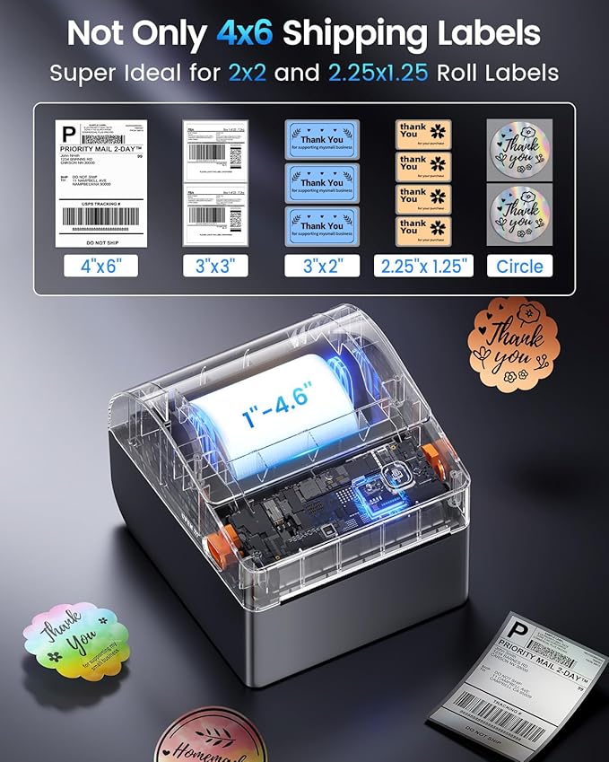 ASprink Bluetooth Shipping Label Printer 4x6, 2025 Upgraded Thermal Label Printer with Built-in Paper Bin, Thermal Printers for Small Business & Shipping Packages, Compatible with Amazon, Tiktok, USPS