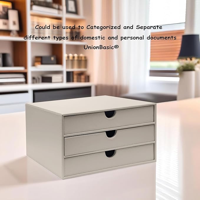 UnionBasic Document Organizer, 3-Drawer File Cabinet Document Storage Box, Office Desktop Filing Organizer, Feather Gray