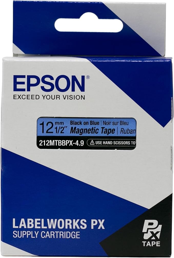 Epson LABELWORKS 212MTBBPX-4.9 Genuine Magnetic Tape Cartridge - Black on Blue Magnet Label Maker Tape - 1/2" (12MM) Wide, 4.9 ft, Blue