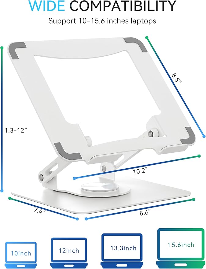 SOUNDANCE Laptop Stand with 360° Rotating Base, Ergonomic Computer Riser for Desk, Adjutable Height Muti-Angle, Foldable Laptop Mount, Stable Metal Holder Support 10-15.6" Notebook PC, White