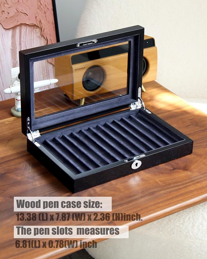 12-Slot Fountain Pen Collector Case – Lockable Wooden Organizer with Glass Display Top, Premium Storage Box for Writing Instruments and Gift for Men