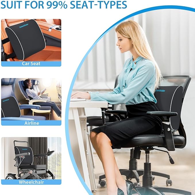 Lumbar Support Pillow for Office Chair, Car Seats and Home Desks, Ergonomic Back Support with Double Adjustable Straps, Machine Washable Cover, Grey