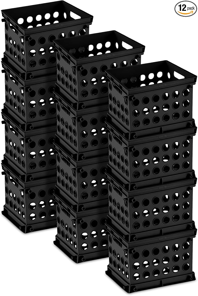 Sterilite Mini Crate, Stackable Plastic Storage Bin with Handles, Organize Home, Garage, Office, School, Dorm Room, Black, 12-Pack