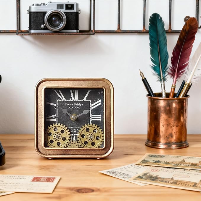 Vintage Desk Clock, 6 inch Metal Table Clocks with Moving Gears, Small Silent Non Ticking Industrial Steampunk Quartz Shelf Clock for Home Office Living Room Desk Decor Battery Operated (GOLD)