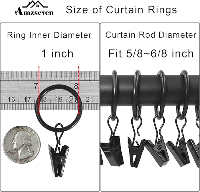 AMZSEVEN 44 Pack Metal Curtain Rings with Clips, Drapery Clips with Rings, Drapes Rings 1 inch Inner Diameter, Fits Diameter 5/8 inch Curtain Rods, Black