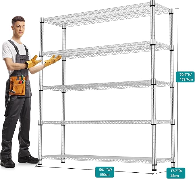 5 Tiers Shelf 3300 lbs Steel Storage Shelving Utility Shelving Unit Steel Organizer Wire Rack for Home,Kitchen,Office,Garage Chrome 17.7" D x 47.2" W x 70.3" H