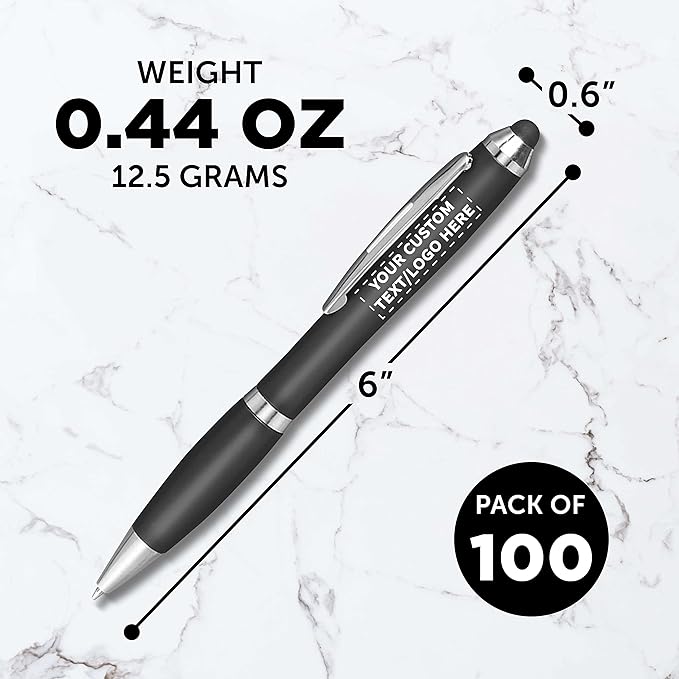 DISCOUNT PROMOS Custom Plastic Stylus Pens Set of 100, Personalized Bulk Pack - Black Ink, Great for Office, School, Business, Tradeshows, Events - Black
