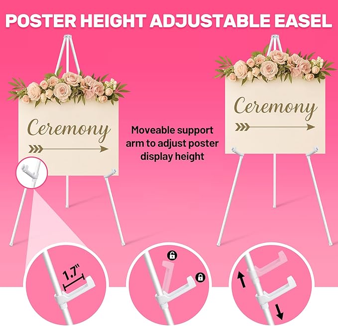 3 Pack White Easel Stand for Sign & Poster - 63" Adjustable Metal Easels for Wedding Welcome Sign, Painting, Canvas, Art Display - Portable Folding Tripod with Carry Bag, Holds 5 Lbs