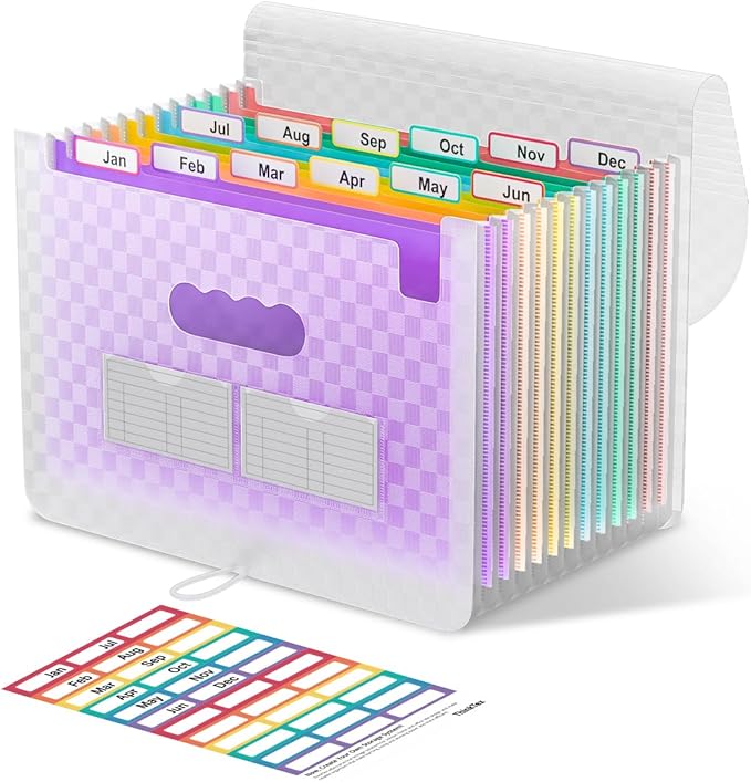 ThinkTex Accordion File Organizer, 12 - Pocket Expanding File Folders for Paper Receipts, Bills&Taxes Organizer, Letter/A4 Size Document Holder for School, Office, Home with Colorful tabs-Purple