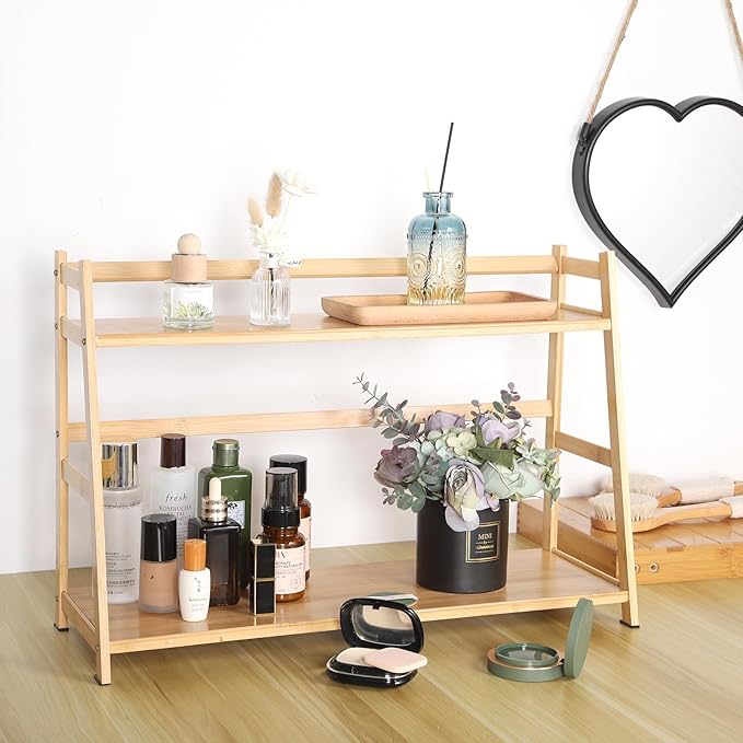 2-Tier Ladder Desktop Bookshelf, 23.62" Wide Wooden Countertop Storage Hutch for Office, Dorm and Home, Small Desk Organizer for Books and Decor