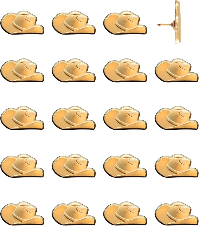 Cowboy Hat Push Pins - Gold Cowboy Hat Map Pins for Cork Boards, Maps, or Lapel Use - Designed in USA - Set of 20