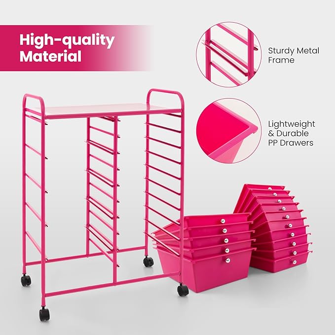 ARLIME 15-Drawer Storage Cart, 15 Drawer Trolley, Rolling Organizer Cart, Scrapbook Paper Organizer, Suitable for Office and School, Rolling Office Storage Tools (Hot Pink)