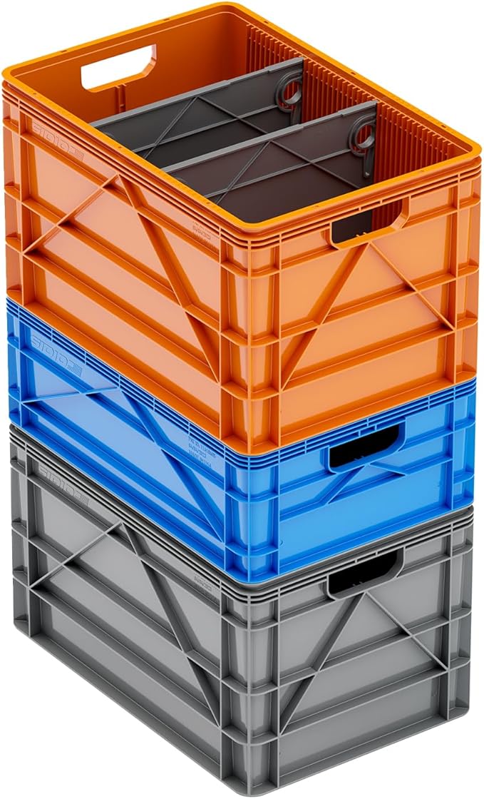 SIDIO Crate Basic Pack - 2 Full-Size & 1 Half-Size Heavy Duty Stackable Storage Bins, Totes and Containers with Dividers - Durable Plastic Organizer for Home, Office, Garage, and Outdoor Use