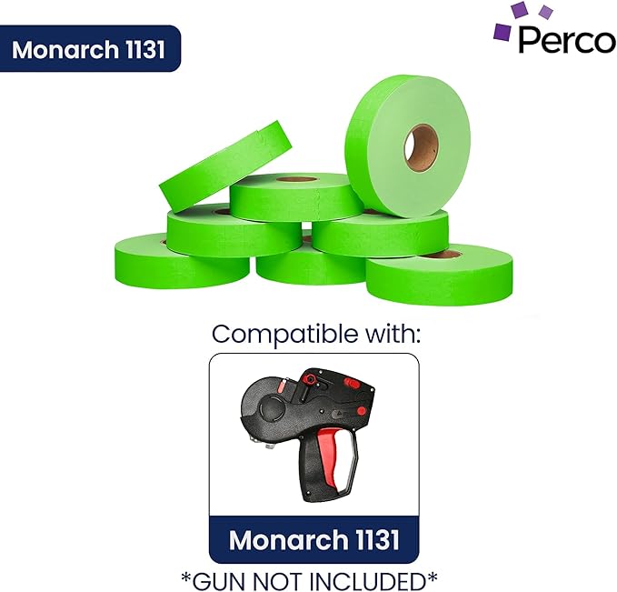 Perco Fluorescent Green Pricing Labels for Monarch 1131 Price Gun – 3 Sleeves, 24 Rolls Value Pack - 60,000 Price Marking Labels – with Ink Rolls Included