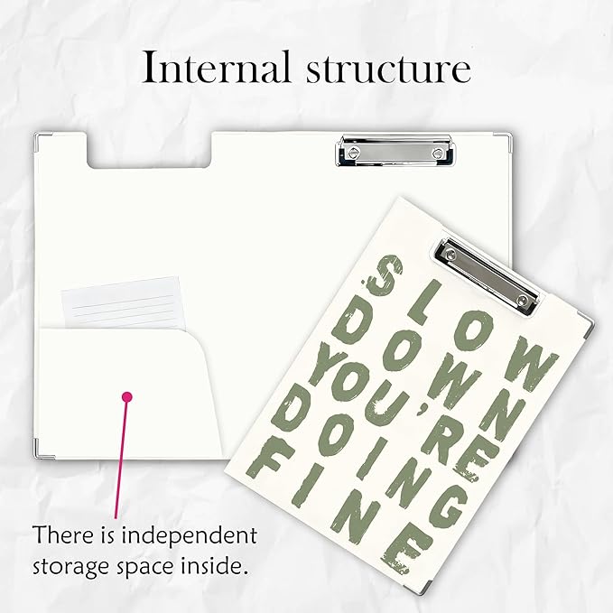 FTKBGHY Sage Green Inspirational Clipboard with Storage, Slow Down You're Doing Fine Motivational Metal Clipboard for Nurses Teachers Students School Office Desk Accessories, 12.4x9.25 Inch