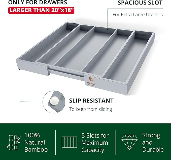 ROYAL CRAFT WOOD Luxury Bamboo Kitchen Drawer Organizer - Silverware Organizer - Utensil Holder and Cutlery Tray with Grooved Drawer Dividers for Flatware and Kitchen Utensils (5 Slot, Gray)